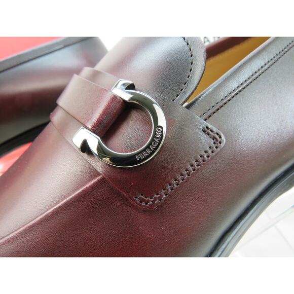 FERRAGAMO BURGUNDY LEATHER FLORIO GANCINI BIT LOGO LOAFERS 8 EE US 9 - Picture 4 of 10